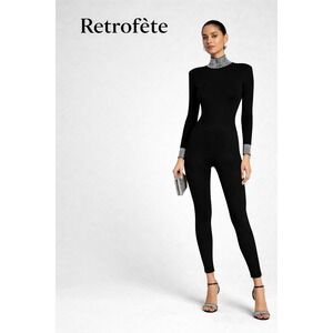 Retrofete Leanne Black Rhinestone Collar and Cuff Jumpsuit XS Womens Long Sleeve